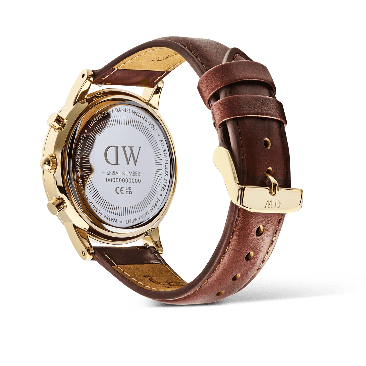 Detail of the Daniel Wellington Iconic Chronograph St Mawes Gold watch, showing the engraved caseback and brown leather strap.