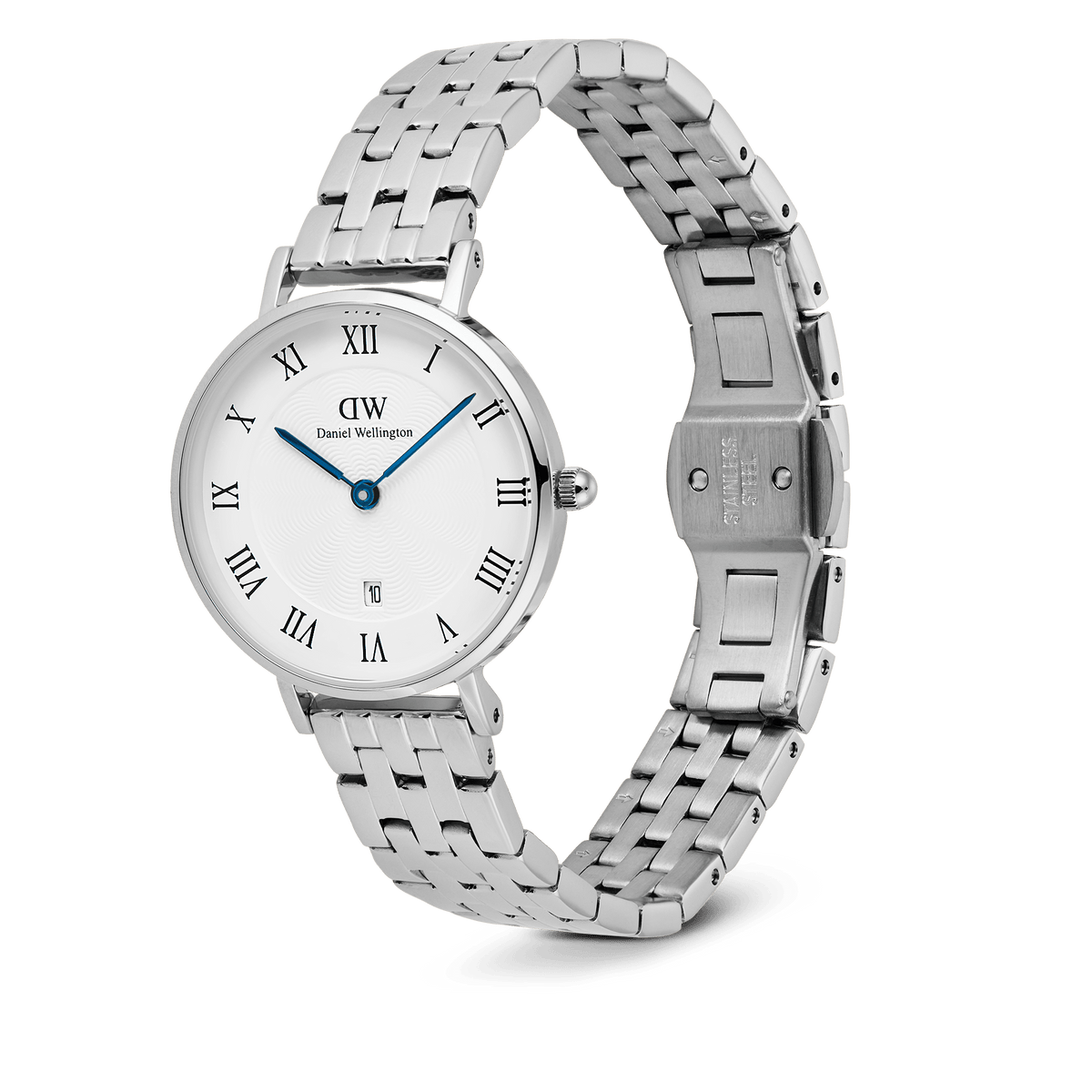 Daniel Wellington Petite Roman Numerals watch in silver with a 5-link bracelet, featuring a white dial, blue hands, and a date display.