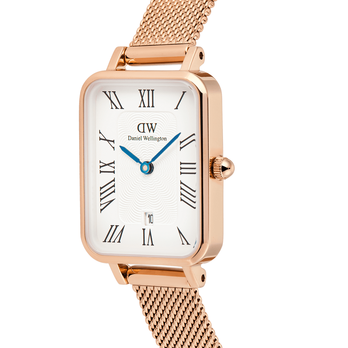 Daniel Wellington Quadro Melrose watch in rose gold with a rectangular white dial, Roman numerals, blue hands, a date window, and a mesh strap.