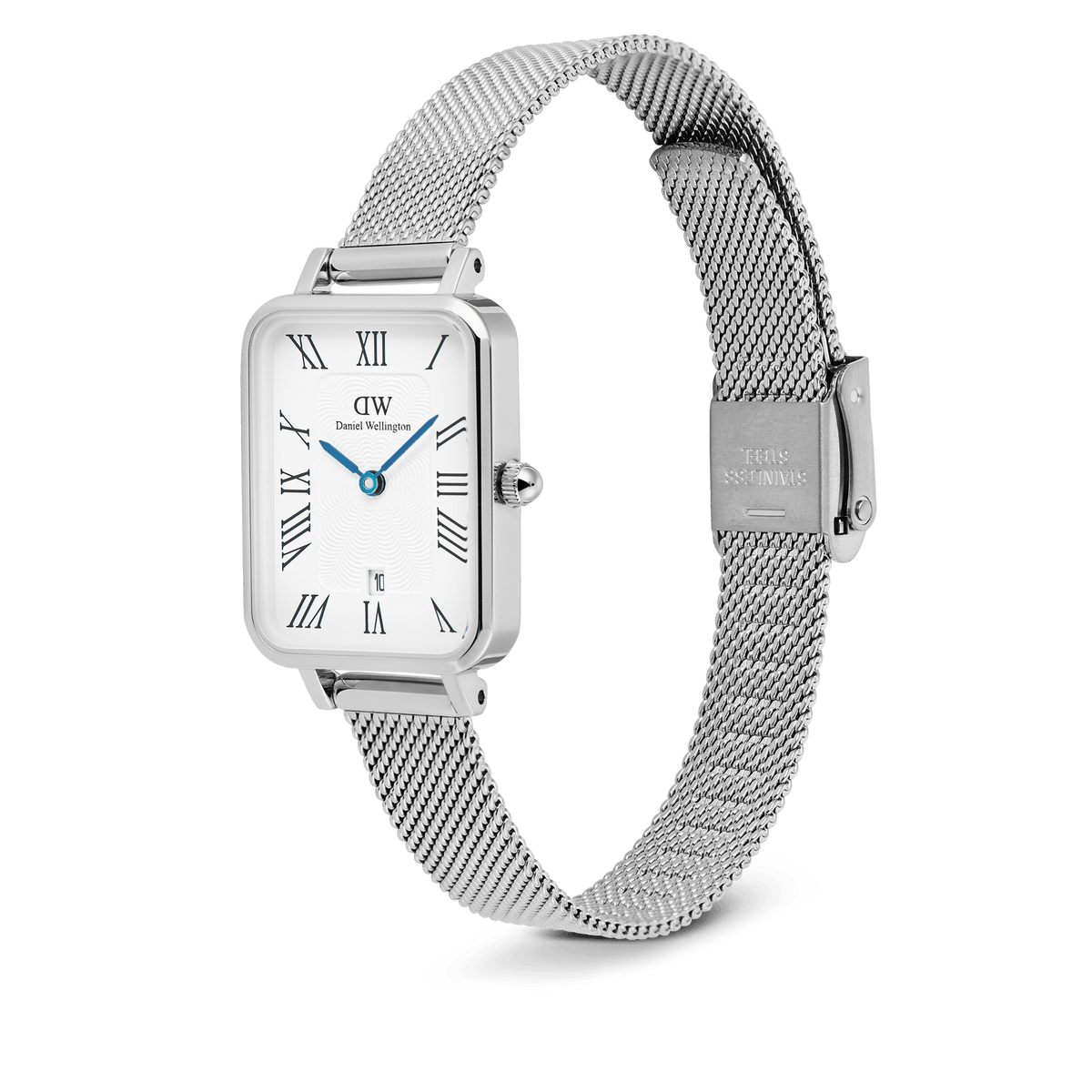 Daniel Wellington Quadro Sterling women's watch with a rectangular white dial, Roman numerals, date window, and a silver mesh strap.