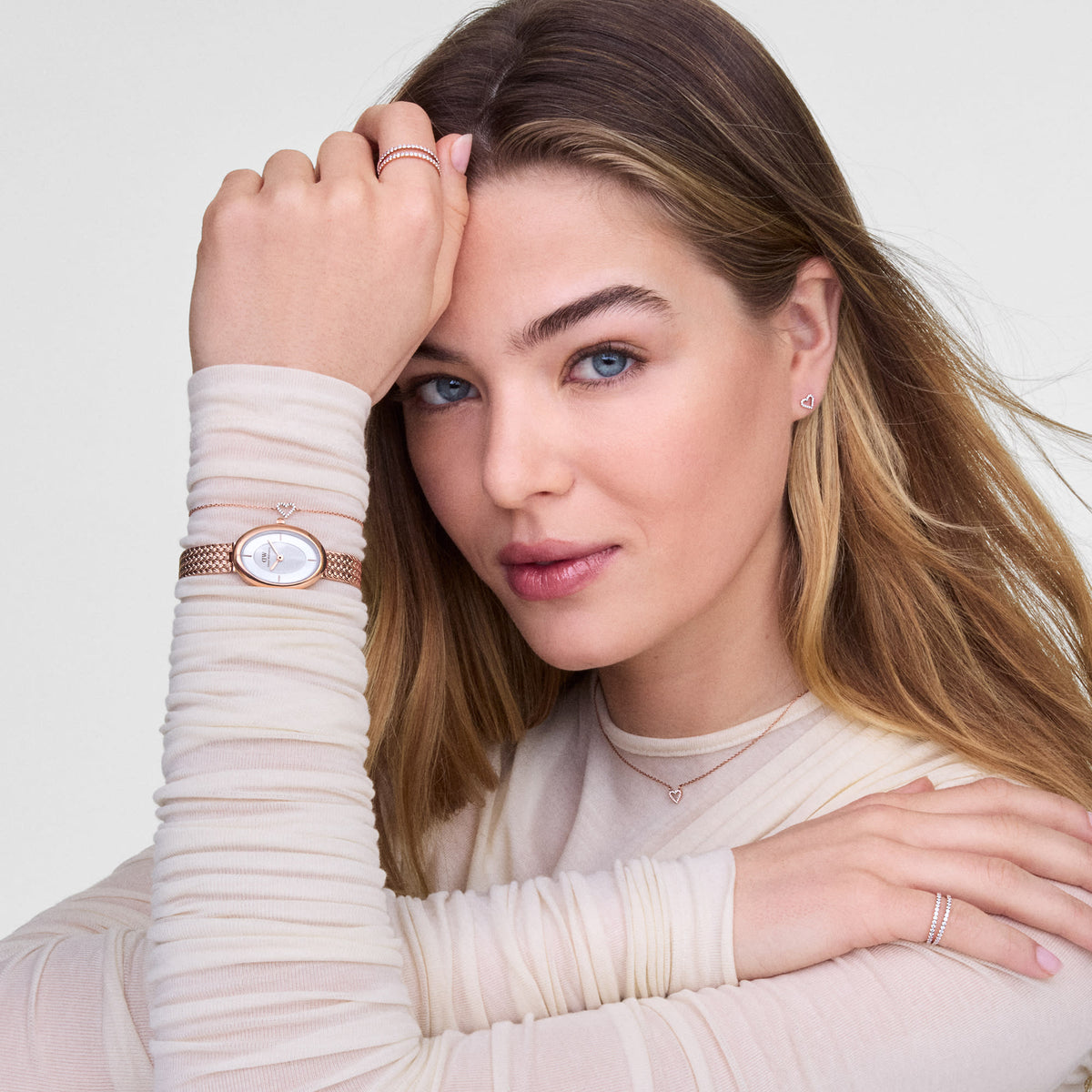 Đồng hồ Juliette Braided Mesh White Sunray Rose - Vàng Hồng