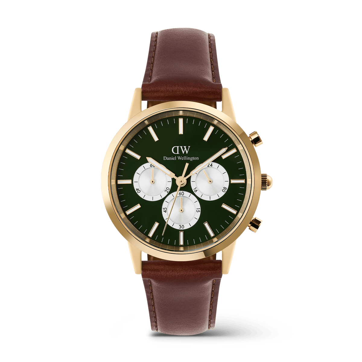 Daniel Wellington Iconic Chronograph watch with an emerald green panda dial, gold case, and a brown leather strap.