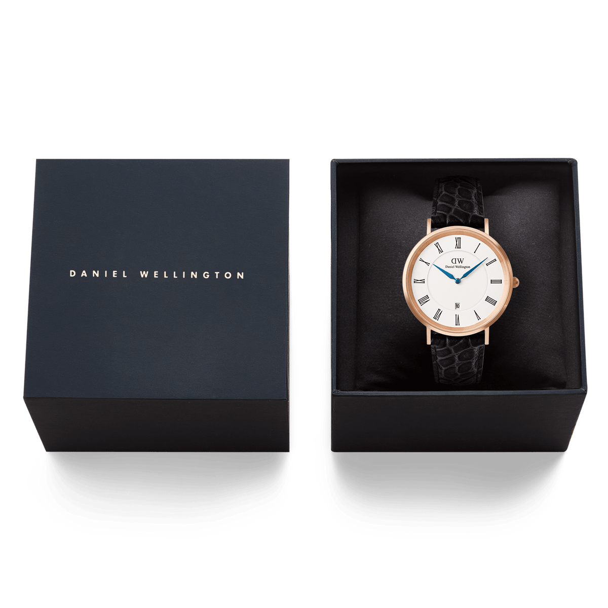Đồng hồ Classic Roman Numeral Date Black Croc Belly - Vàng hồng