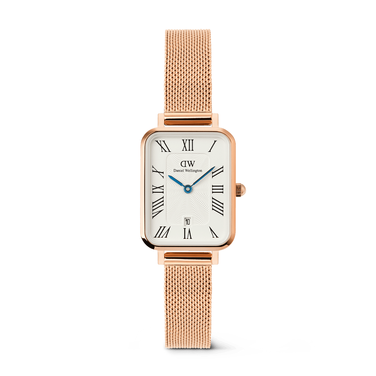 Daniel Wellington Quadro Melrose women's watch with a rectangular white dial, Roman numerals, a date window, and a rose gold mesh strap.