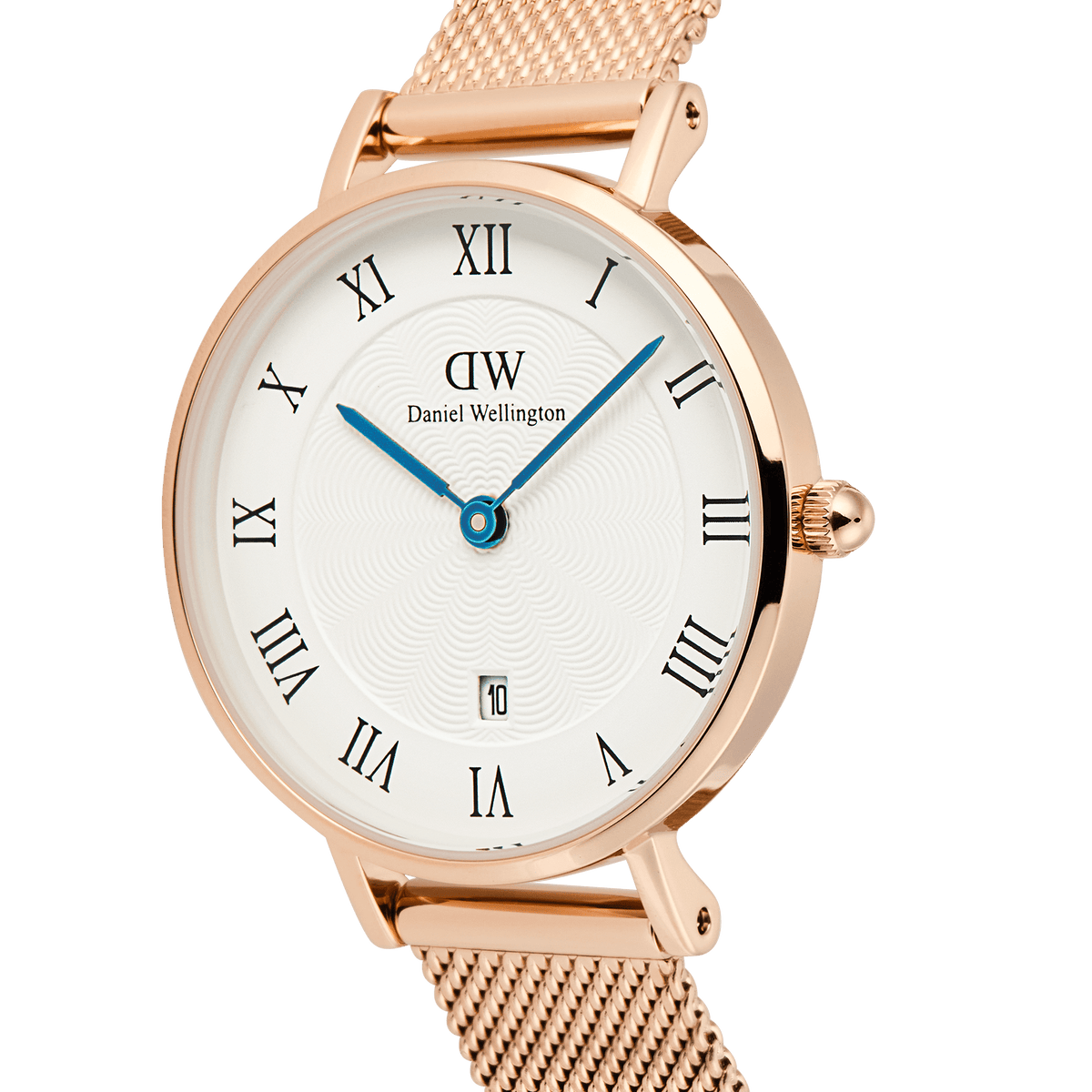 Daniel Wellington Petite Roman Numerals Date watch with a rose gold mesh strap, white guilloché dial, black Roman numerals, and vibrant blue hands.