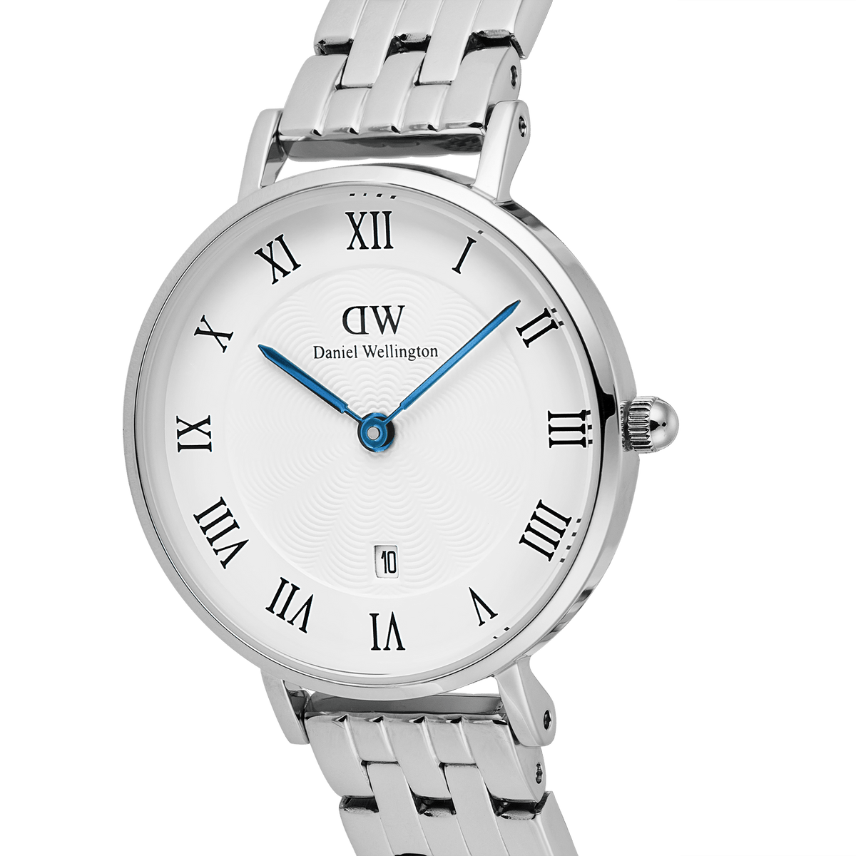 Close-up of the Daniel Wellington Petite Roman Numerals watch, showing the white guilloché dial with blue hands, date window, and silver 5-link bracelet.