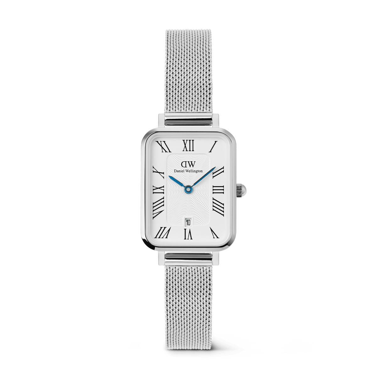 Daniel Wellington Quadro Sterling women's watch with a rectangular silver case and mesh strap, featuring a white guilloché dial with black Roman numerals, blue hands, and a date window.