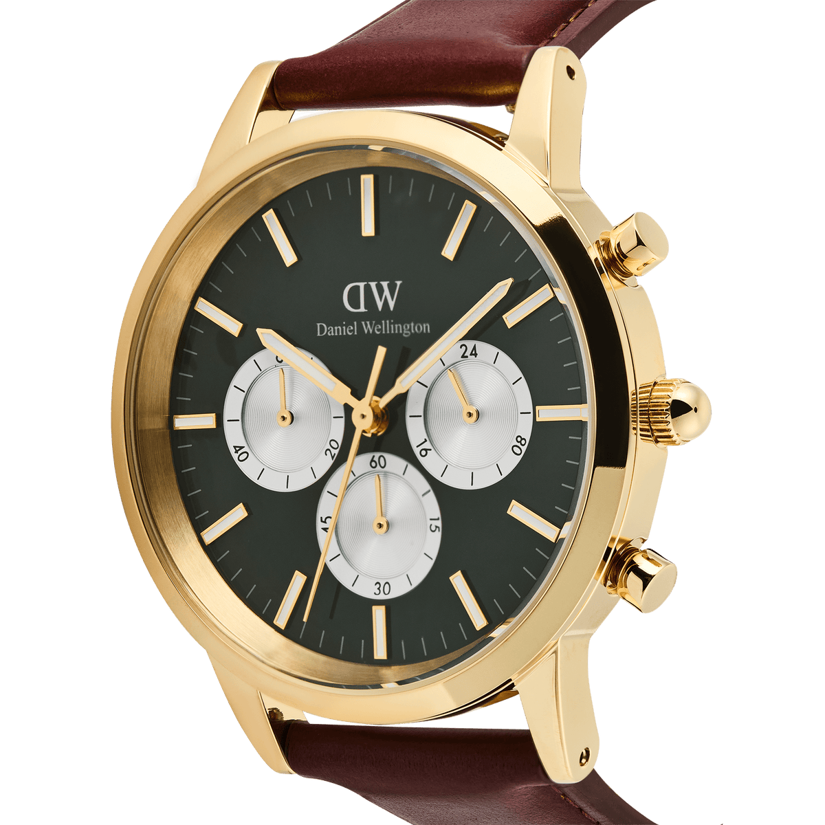 Daniel Wellington Iconic Chronograph watch in gold, featuring an emerald green panda dial with white sub-dials and a brown leather strap.
