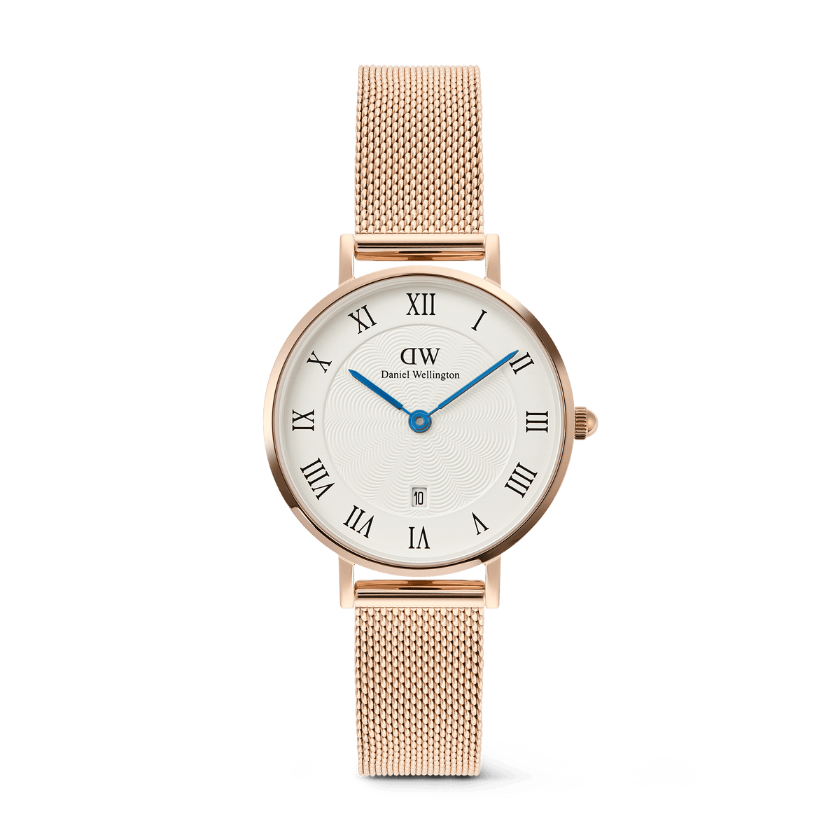 Daniel Wellington Petite Roman Numerals Date watch with a white guilloché dial, Roman numerals, blue hands, and a rose gold mesh strap.