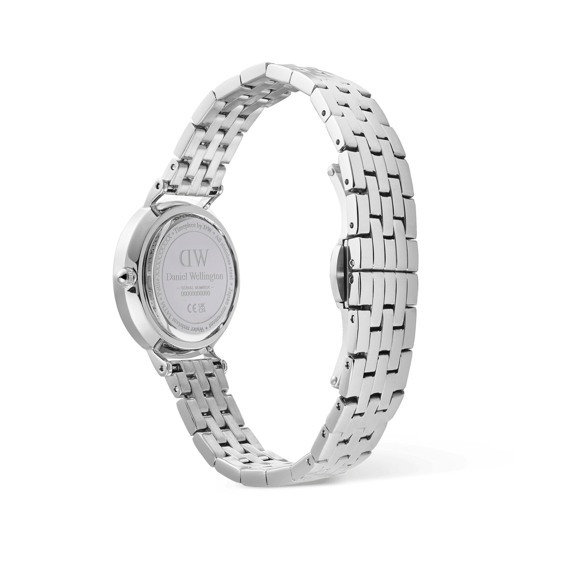Back view of the Petite Roman Numerals Date silver watch, showing the engraved case back and 5-link stainless steel bracelet.