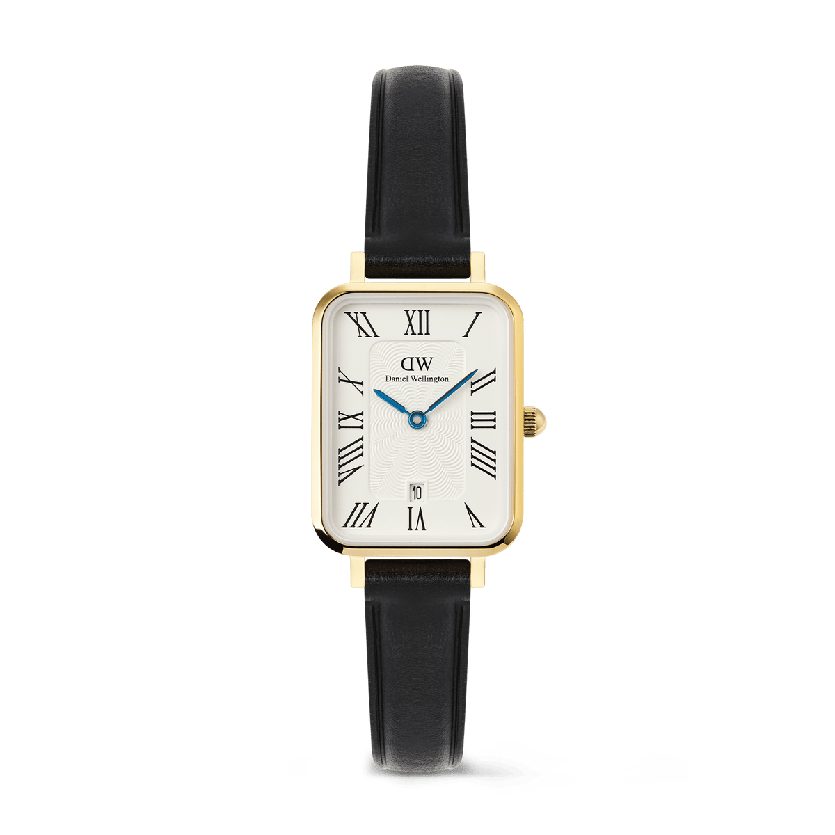 Daniel Wellington Quadro Roman Numerals Date Sheffield Gold women's watch with a rectangular gold case, white dial featuring Roman numerals and a date window, and a black leather strap.