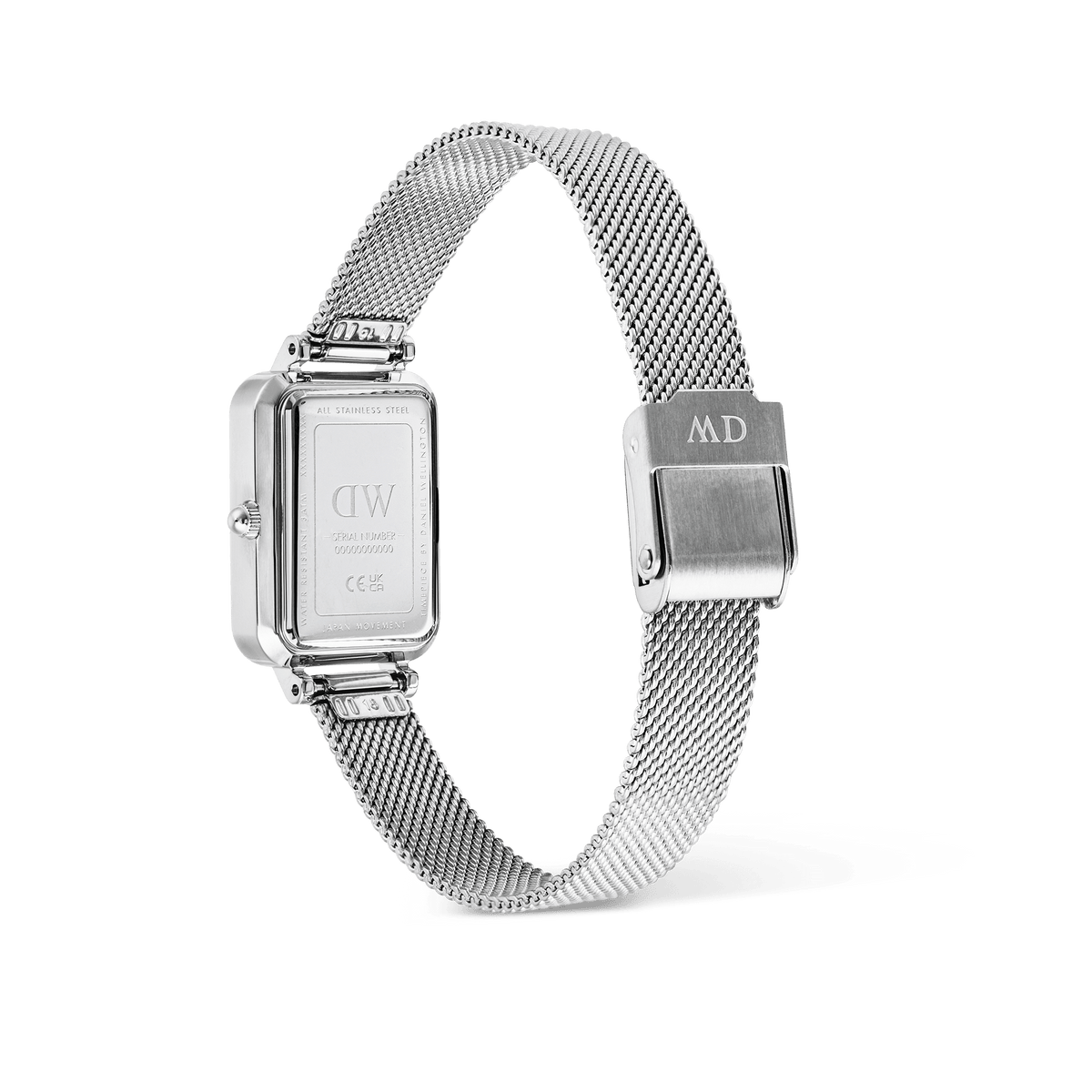 Daniel Wellington Quadro Sterling watch, back view showing the silver mesh strap, fold-over clasp, and engraved caseback.