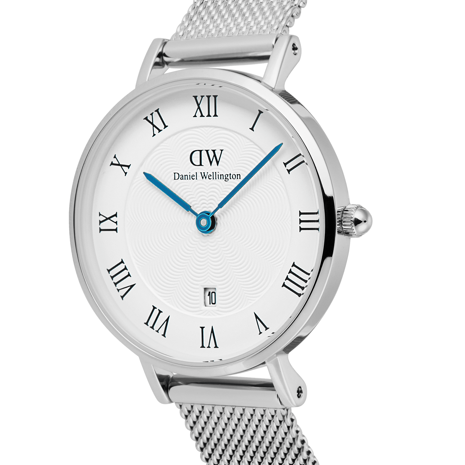 Daniel Wellington Petite Roman Numerals Date Silver watch featuring a white guillochÃ© dial with black Roman numerals, blue hands, a date window, and a silver mesh strap.