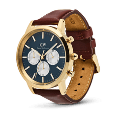 Daniel Wellington Iconic Chronograph St Mawes men's watch with a gold case, arctic blue panda dial with three contrasting sub-dials, and a brown leather strap.