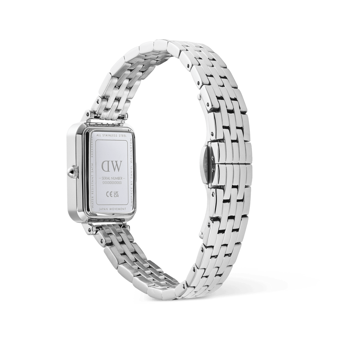 Engraved case back of the Daniel Wellington Quadro Roman Numerals Date watch, showing the silver 5-link strap and butterfly buckle.