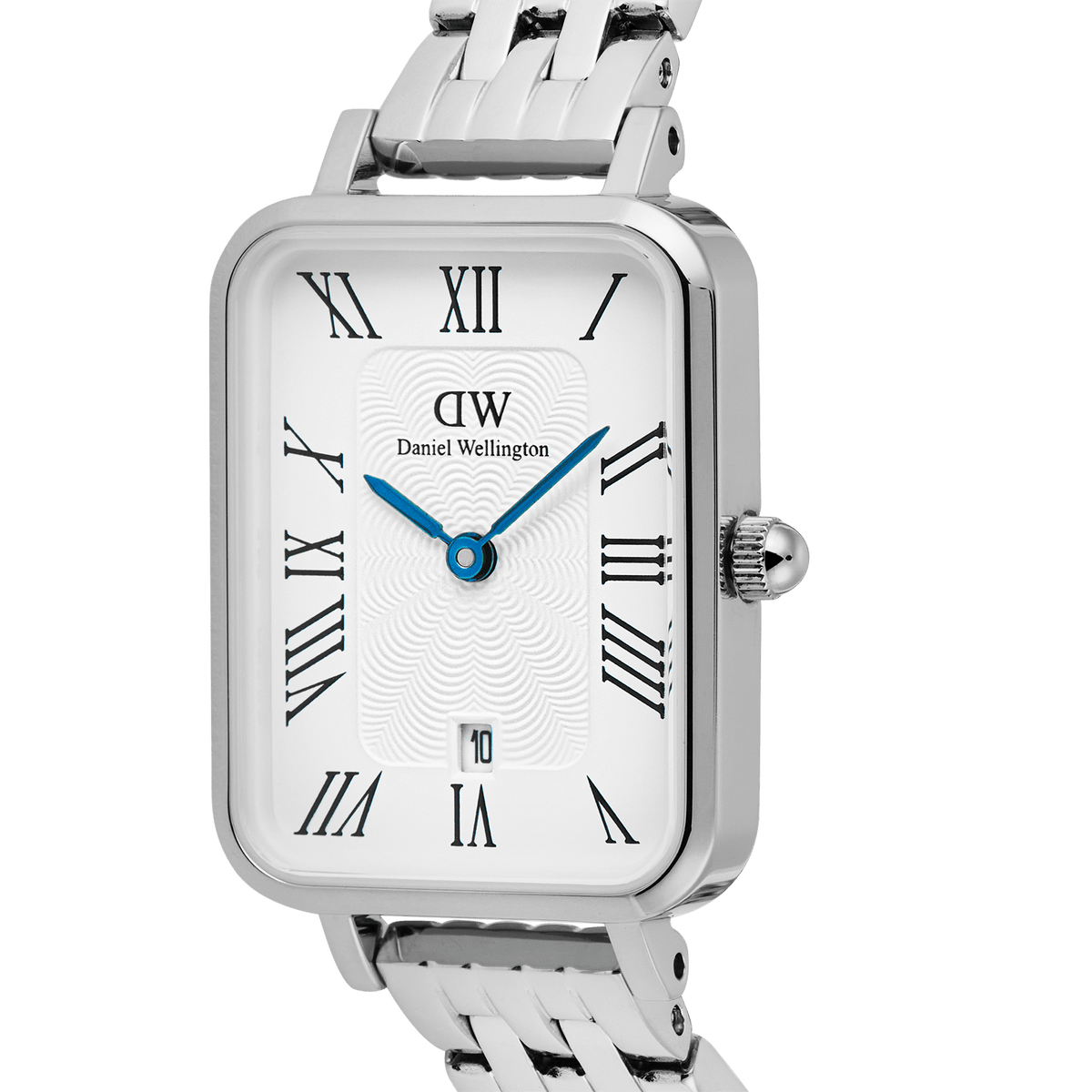 Close-up of the Quadro Roman Numerals Date watch by Daniel Wellington, featuring a rectangular silver case, white guillochÃ© dial with vibrant blue hands, and a polished 5-link steel bracelet.