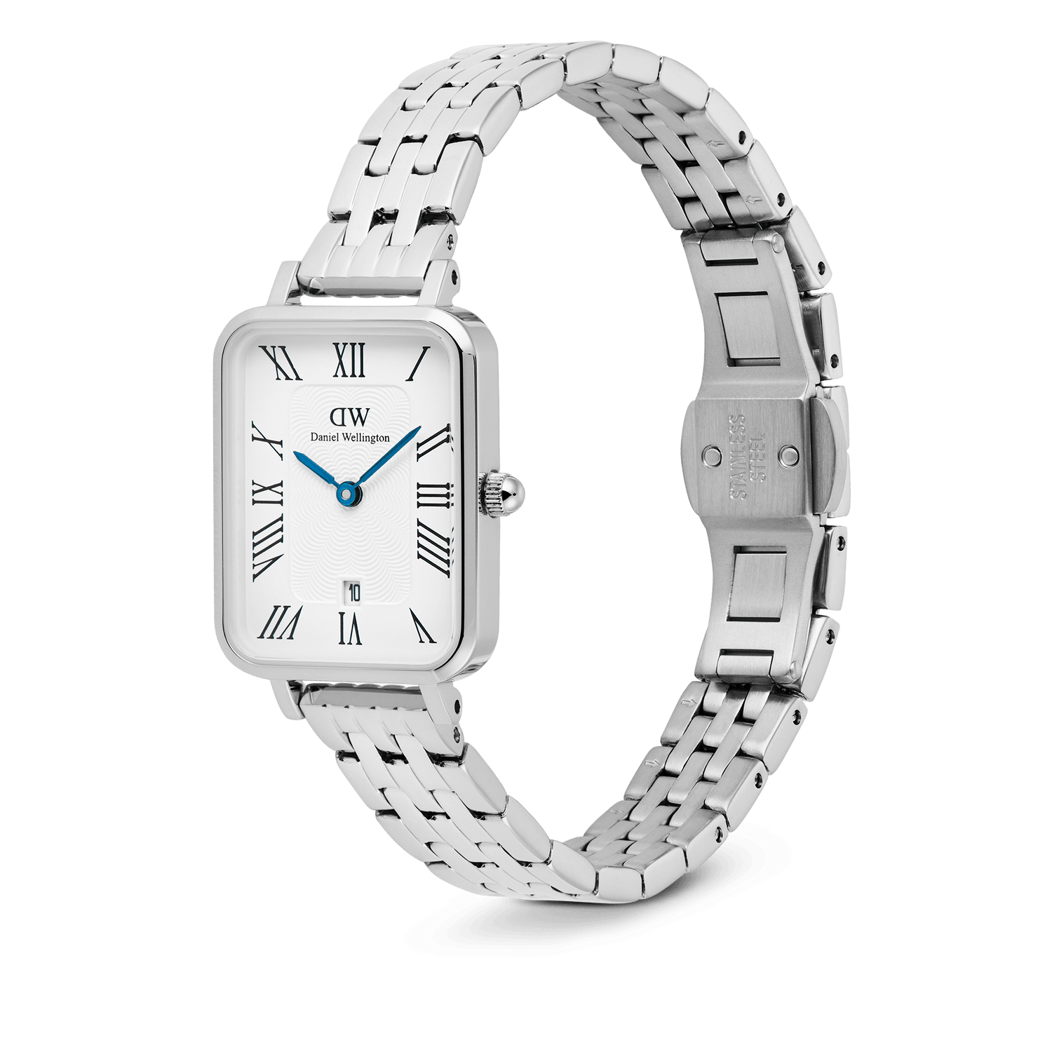 Daniel Wellington Quadro Roman Numerals Date watch featuring a rectangular silver case, a white dial with blue hands and Roman numerals, and a 5-link silver bracelet.