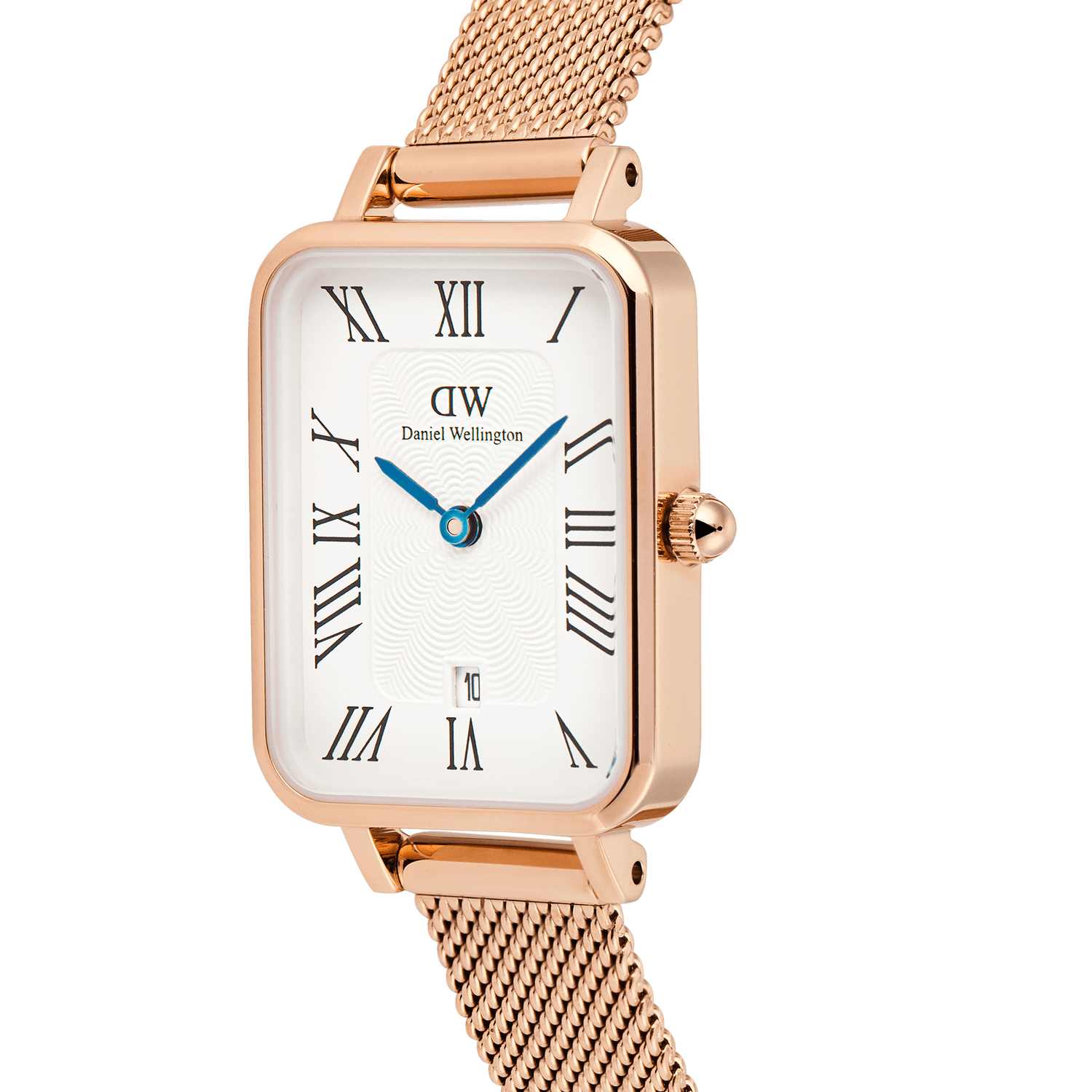 Daniel Wellington Quadro Melrose watch in rose gold with a rectangular white dial, Roman numerals, blue hands, a date window, and a mesh strap.
