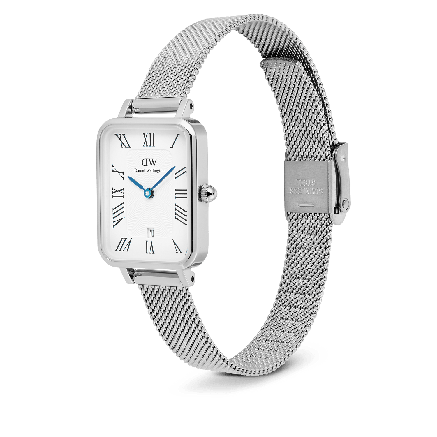 Daniel Wellington Quadro Sterling women's watch with a rectangular white dial, Roman numerals, date window, and a silver mesh strap.