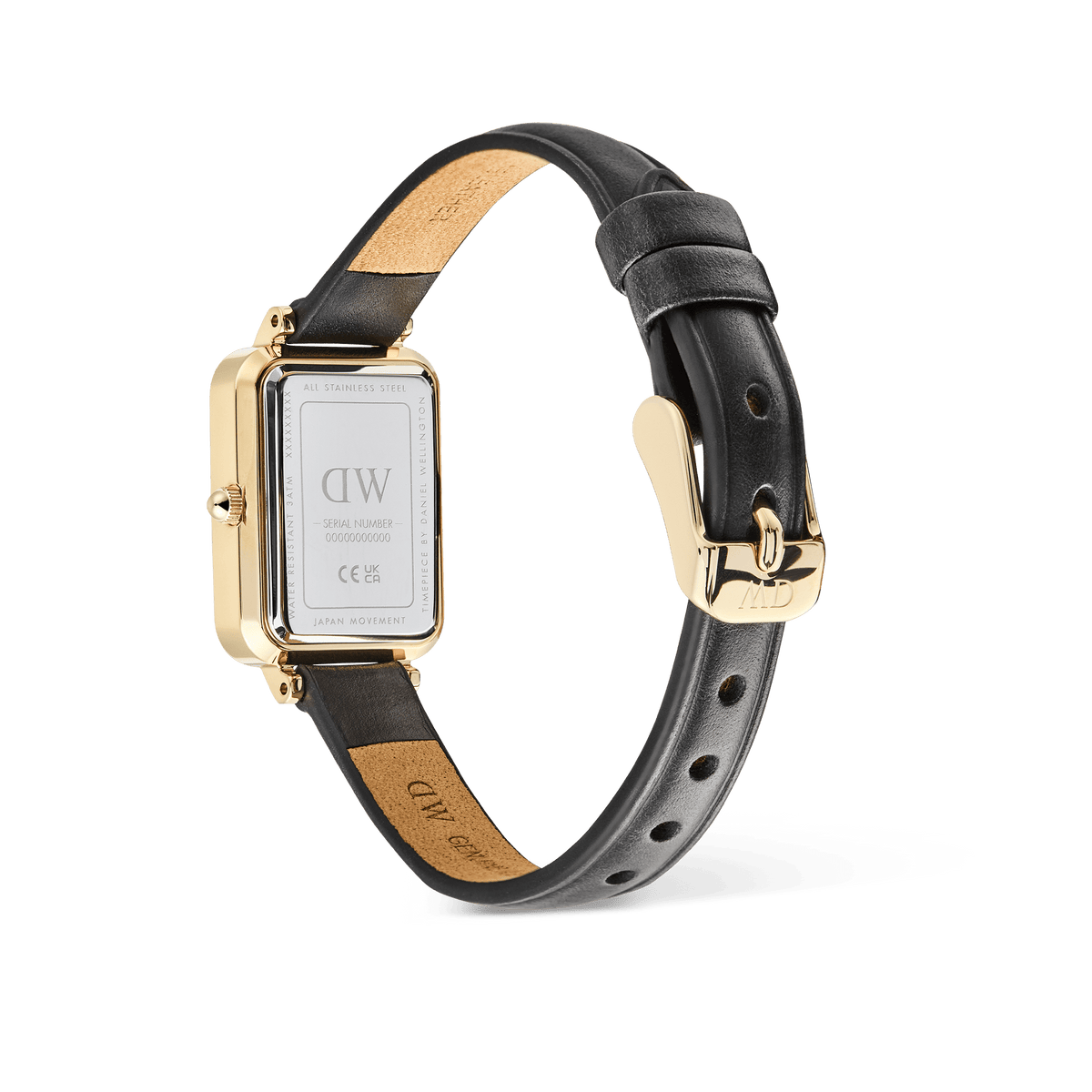 Daniel Wellington Quadro Sheffield Gold watch, rear view showing the engraved gold case back and black leather strap with a gold pin buckle.