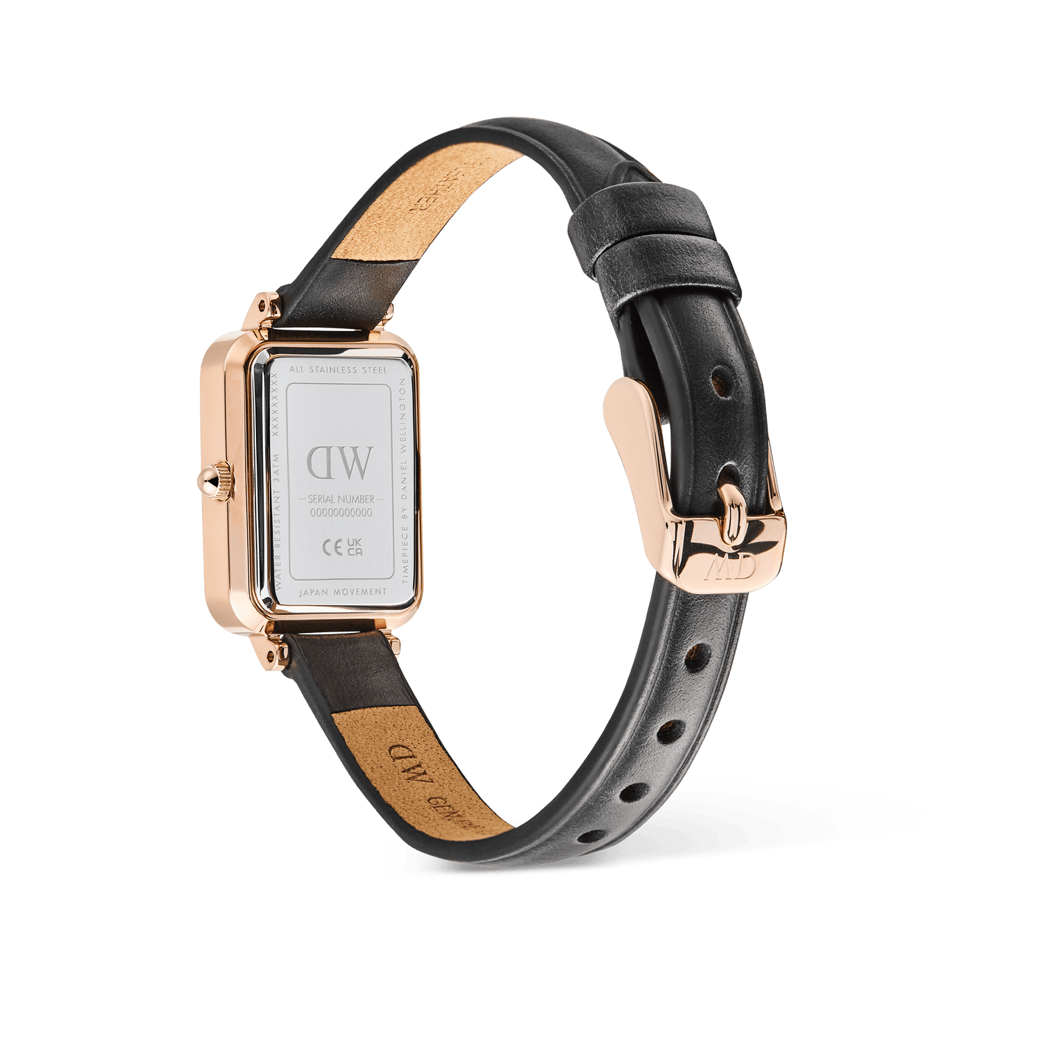 Rear view of the Daniel Wellington Quadro Sheffield watch, displaying the rose gold case, engraved stainless steel back, and black leather strap with a rose gold pin buckle.