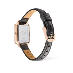 Rear view of the Daniel Wellington Quadro Sheffield watch, displaying the rose gold case, engraved stainless steel back, and black leather strap with a rose gold pin buckle.