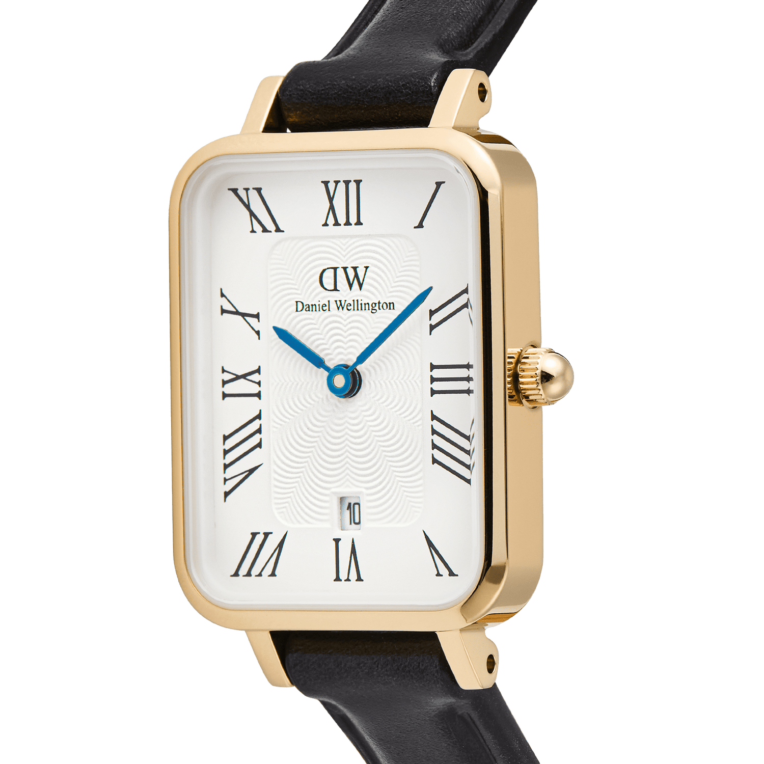 Close-up of the Daniel Wellington Quadro Roman Numerals watch, featuring a rectangular gold case, white dial with a guillochÃ© pattern, blue hands, and a date window.