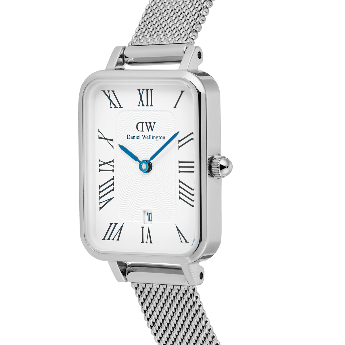 Angled close-up of the Daniel Wellington Quadro Sterling watch, showing the rectangular white dial with Roman numerals, vibrant blue hands, date window, and silver mesh strap.