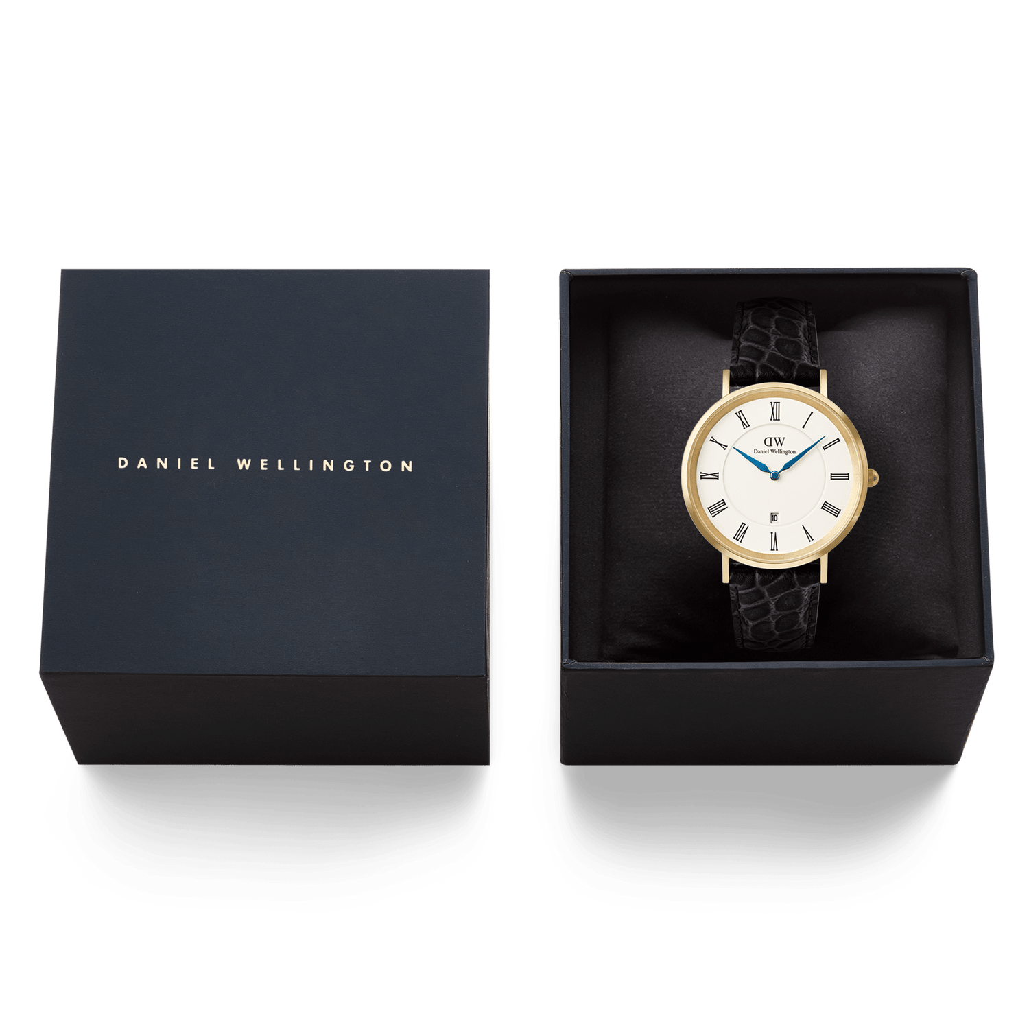 Đồng hồ Classic Roman Numerals Date Black Croc Belly - Vàng 