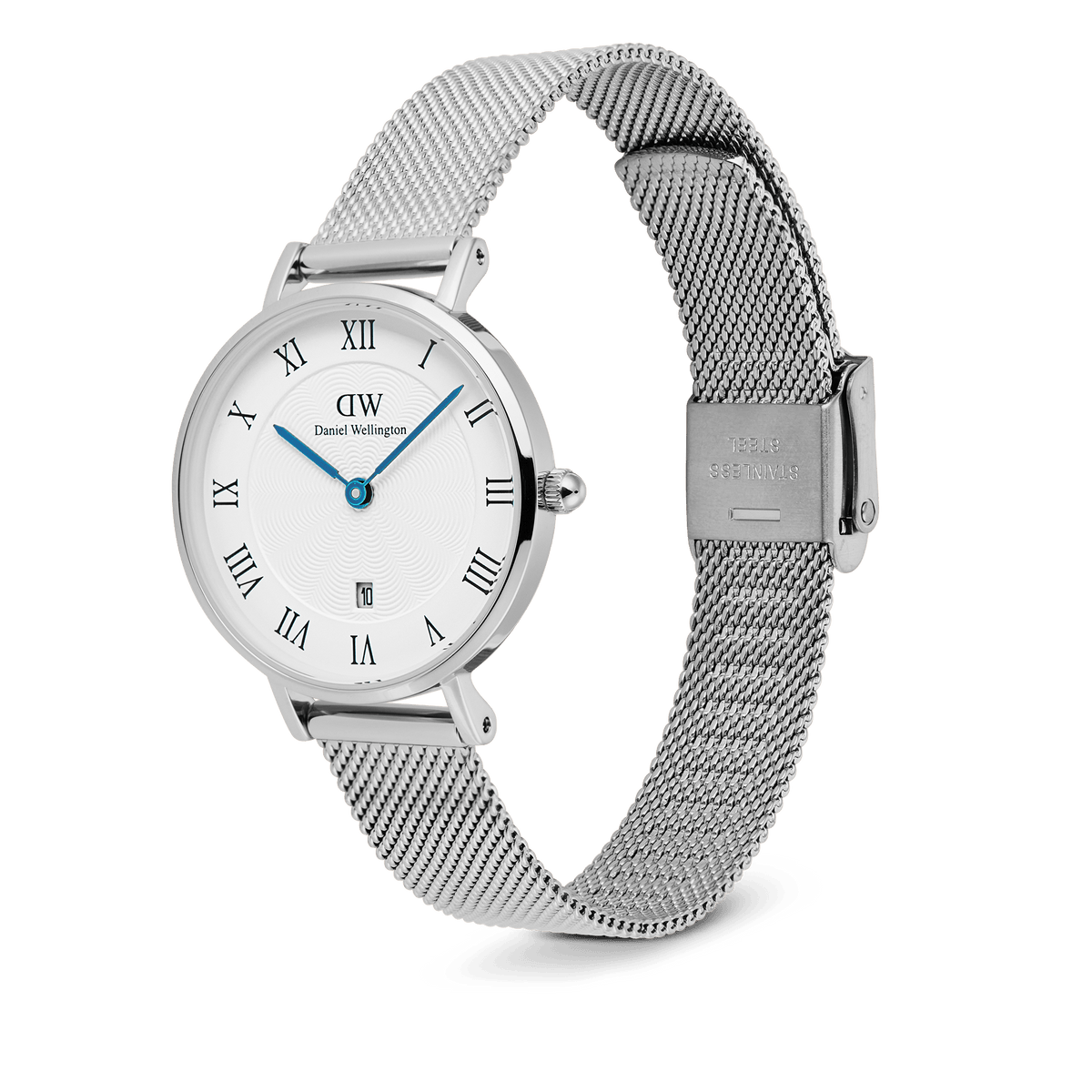 Daniel Wellington Petite Roman Numerals Date Silver women's watch featuring a white dial with Roman numerals, blue hands, a date window, and a silver mesh strap.