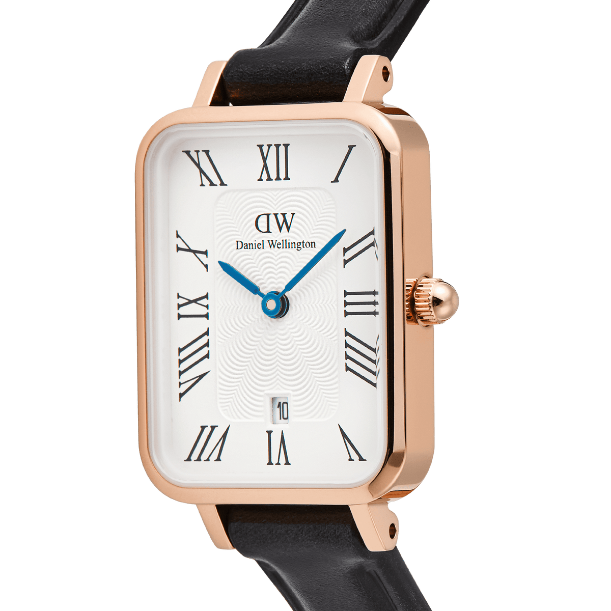 Close-up of the Daniel Wellington Quadro Roman Numerals watch, featuring a rose gold case, white dial with a guillochÃ© pattern, blue hands, and a black leather strap.