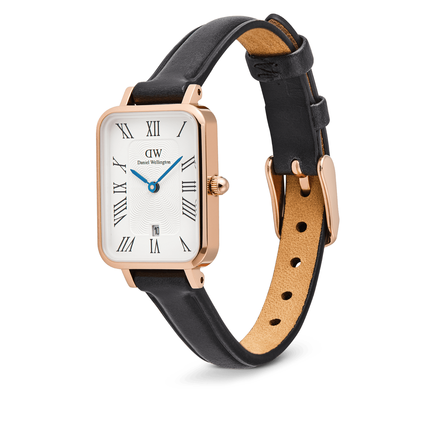 Daniel Wellington Quadro women's watch with a rectangular rose gold case, white dial with Roman numerals, a date window, and a black leather strap.