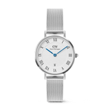 Daniel Wellington Petite Roman Numerals Date Silver watch featuring a white guillochÃ© dial with blue hands, Roman numerals, and a silver mesh strap.