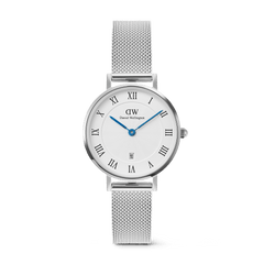 Daniel Wellington Petite Roman Numerals Date Silver watch featuring a white guillochÃ© dial with blue hands, Roman numerals, and a silver mesh strap.