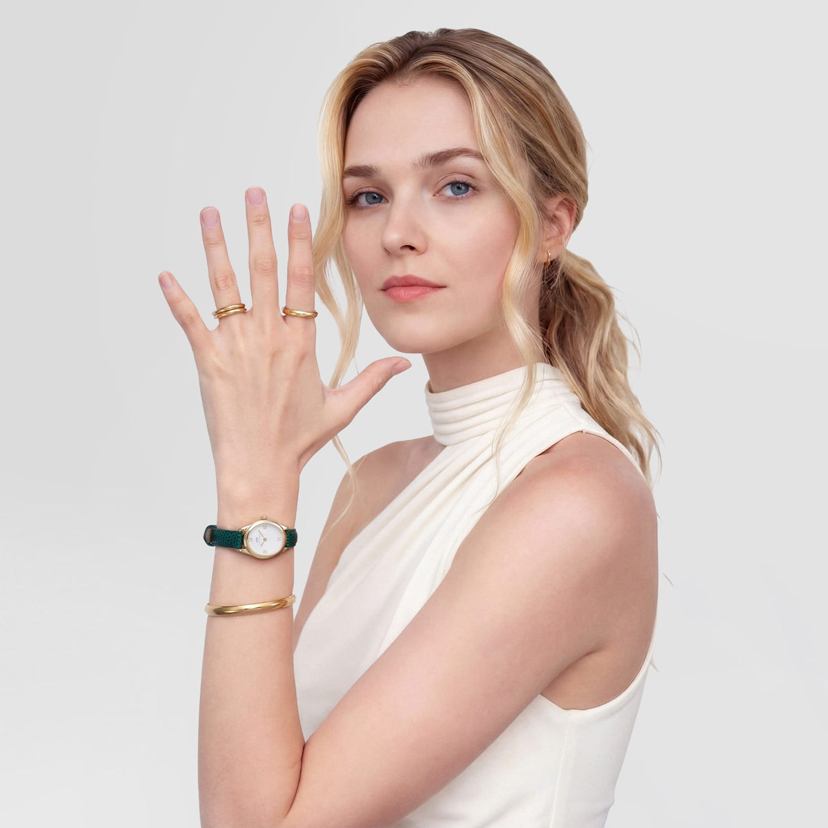 Đồng hồ Ophelia Mini Green Lizard White Guilloché - Vàng 