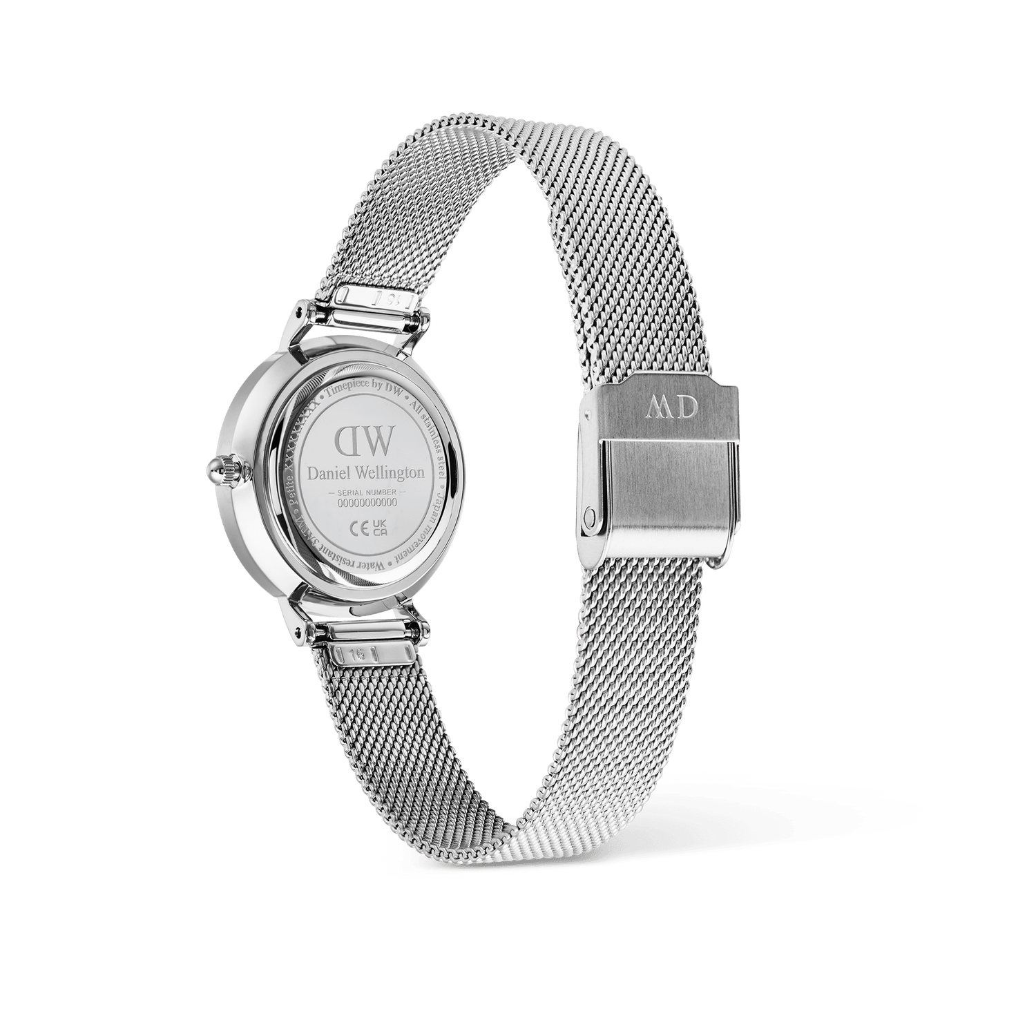 Back view of the Daniel Wellington Petite Roman Numerals Date Silver watch, showing its engraved case back and stainless steel mesh strap with clasp.