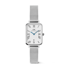 Daniel Wellington Quadro Sterling women's watch with a rectangular silver case and mesh strap, featuring a white guillochÃ© dial with black Roman numerals, blue hands, and a date window.