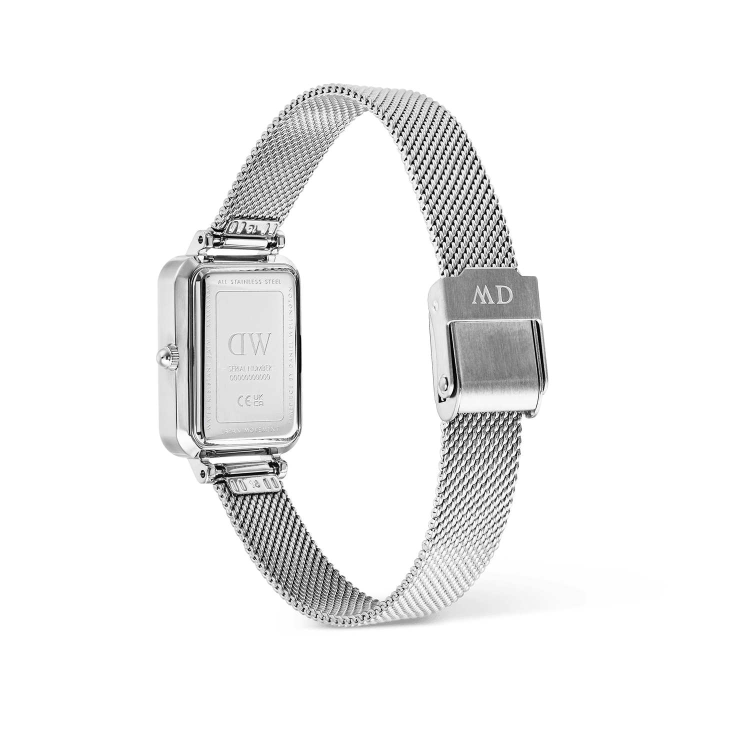 Daniel Wellington Quadro Sterling watch, back view showing the silver mesh strap, fold-over clasp, and engraved caseback.