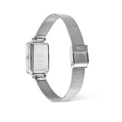 Daniel Wellington Quadro Sterling watch, back view showing the silver mesh strap, fold-over clasp, and engraved caseback.