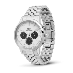 Daniel Wellington Iconic Chronograph watch with an off-white panda dial featuring three black sub-dials and a silver 5-link bracelet.