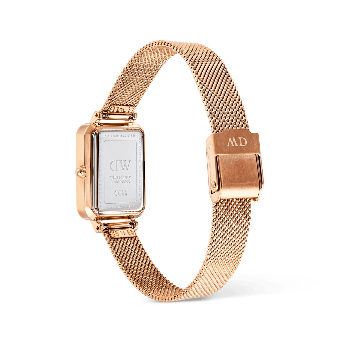 Back of the Daniel Wellington Quadro Melrose watch, showing the rose gold rectangular case and matching mesh strap with engraved clasp.