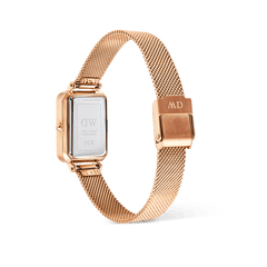 Back of the Daniel Wellington Quadro Melrose watch, showing the rose gold rectangular case and matching mesh strap with engraved clasp.