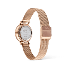 Back view of Petite Roman Numerals Date Rose Gold womenâ€™s watch showing engraved case and rose gold mesh strap by Daniel Wellington.