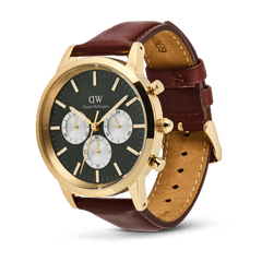 Daniel Wellington Iconic Chronograph watch with an emerald green panda dial, gold case, and a brown St Mawes leather strap.